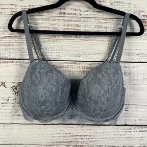 Womens Victorias Secret Slate Blue Lace Lined Push Up Plunge Bra Wired Sz 38DDD